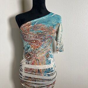 Chic One-Shoulder Paisley Dress in Blue and Brown